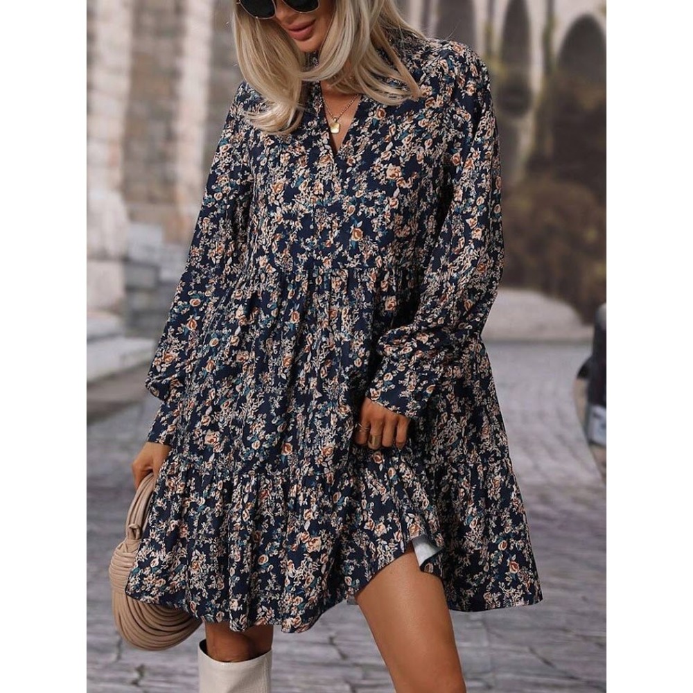 Womens Floral Babydoll Boho Mini Dress Oversized Long Sleeve Ruffle Neck Tiered